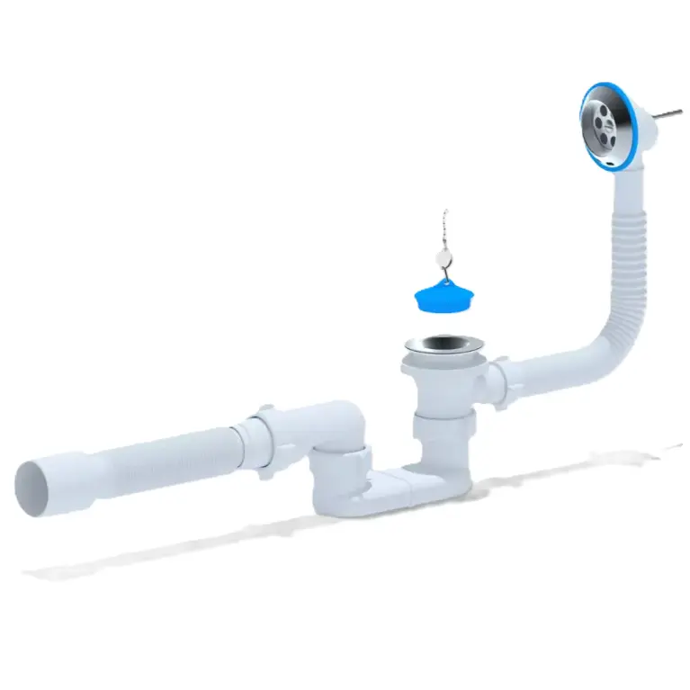 [1010850] Сифон для ванни ANI-plast Е056 плоский з випуском 1 1/2" x 40, з переливом, з гнучкою трубою 375 x 40/50